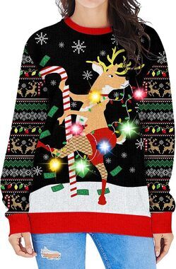 Women LED Light Up Ugly Christmas Sweater Reindeer Xmas Sweater (L)